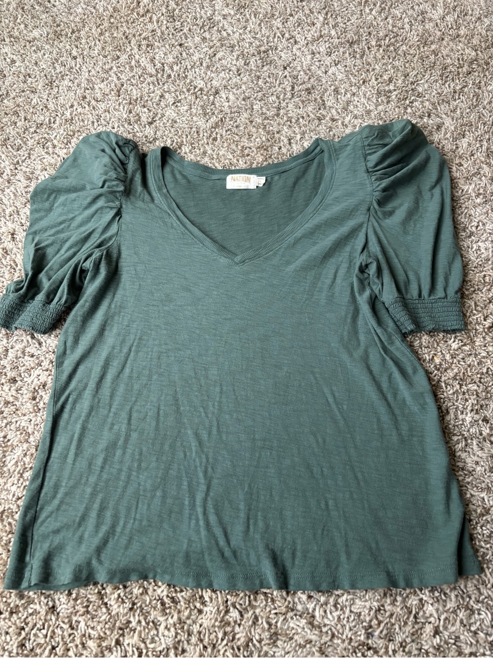 Nation Los Angeles LTD Celine Puff Sleeve V-Neck Top Teal and white l - Picture 3 of 4